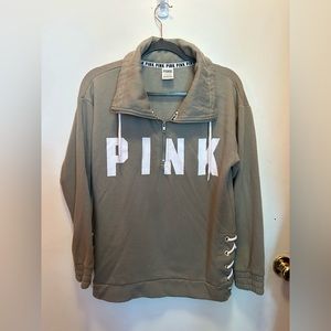 Pink, size S, olive green quarter zip pull over with lace up side detail